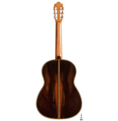 The back of a 2021 Luigi Locatto classical guitar made of spruce and CSA rosewood