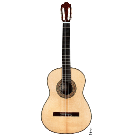 The front of a 2023 Luigi Locatto classical guitar made of spruce and CSA rosewood
