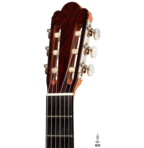 The headstock of a 2023 Luigi Locatto classical guitar made of spruce and CSA rosewood