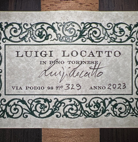 The label of a 2023 Luigi Locatto classical guitar made of spruce and CSA rosewood