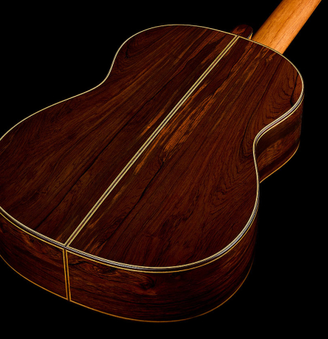 The back and sides of a 2026 Luigi Locatto classical guitar made of spruce and CSA rosewood