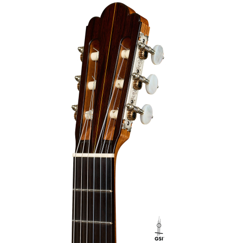 The headstock of a 2026 Luigi Locatto classical guitar made of spruce and CSA rosewood