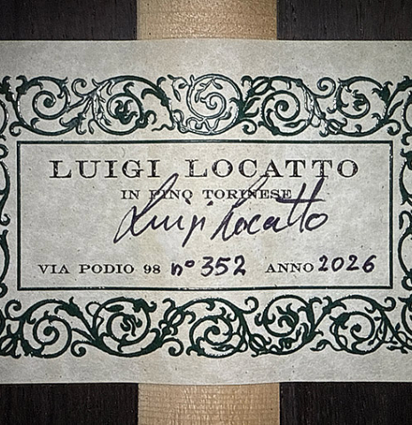 The label of a 2026 Luigi Locatto classical guitar made of spruce and CSA rosewood