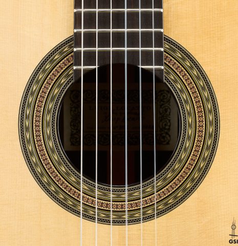 The rosette of a 2026 Luigi Locatto classical guitar made of spruce and CSA rosewood