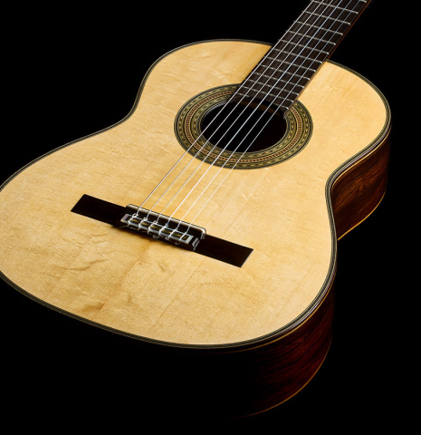 The soundboard and sides of a 2026 Luigi Locatto classical guitar made of spruce and CSA rosewood