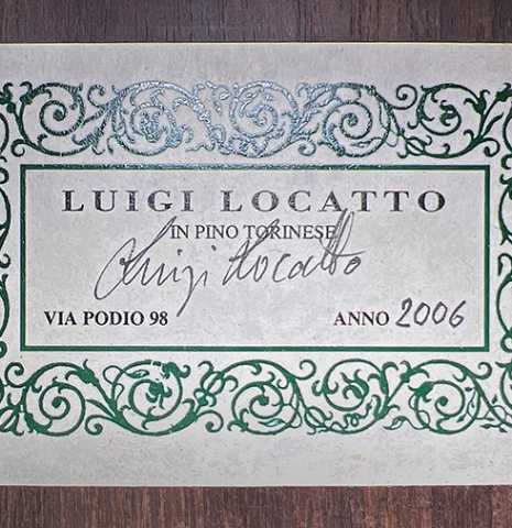 The label of a 2006 Luigi Locatto classical guitar made of spruce and Indian rosewood