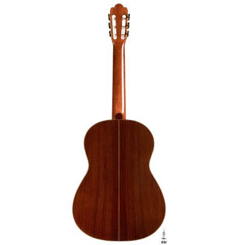 The back of a 2019 Luigi Locatto classical guitar made of spruce and Indian rosewood