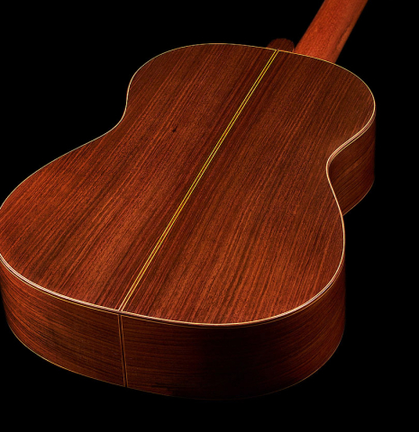 The back and sides of a 2019 Luigi Locatto classical guitar made of spruce and Indian rosewood