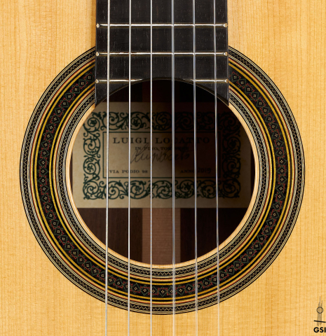 The rosette of a 2019 Luigi Locatto classical guitar made of spruce and Indian rosewood