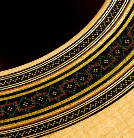 Detail of the rosette of a 2019 Luigi Locatto classical guitar made of spruce and Indian rosewood