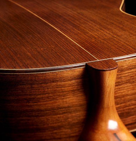 The heel and neck joint of a 2006 Luigi Locatto classical guitar made with spruce and Indian rosewood