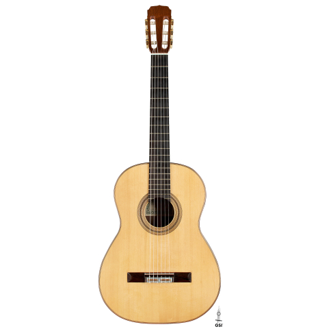 The front of a 2006 Luigi Locatto classical guitar made with spruce and Indian rosewood