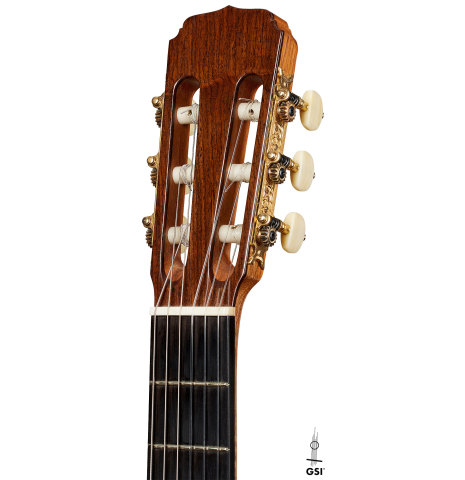 The headstock of a 2006 Luigi Locatto classical guitar made with spruce and Indian rosewood