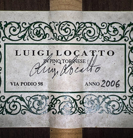 The label of a 2006 Luigi Locatto classical guitar made with spruce and Indian rosewood