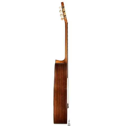 The side of a 2006 Luigi Locatto classical guitar made with spruce and Indian rosewood