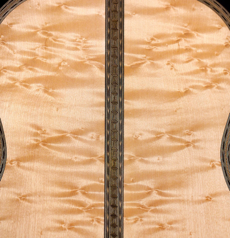 The back of a 2021 Gabriele Lodi "Torres" classical guitar made of spruce and maple.