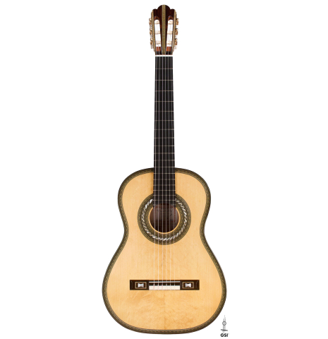 The front of a 2021 Gabriele Lodi "Torres" classical guitar made of spruce and maple.