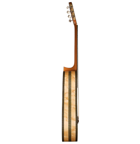 The side of a 2021 Gabriele Lodi "Torres" classical guitar made of spruce and maple.