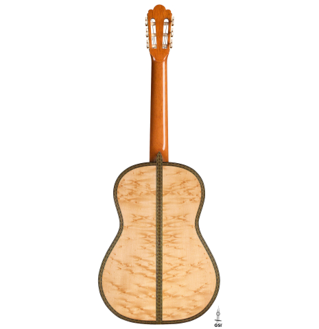 The back of a 2021 Gabriele Lodi "Torres" classical guitar made of spruce and maple.