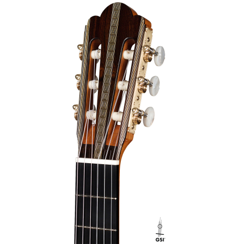 The headstock of a 2021 Gabriele Lodi "Torres" classical guitar made of spruce and maple.