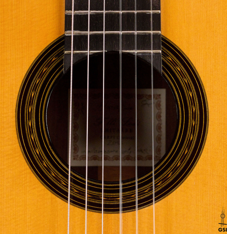 The rosette of a 2012 Gabriele Lodi "Enrique Garcia" classical guitar made with spruce and Indian rosewood