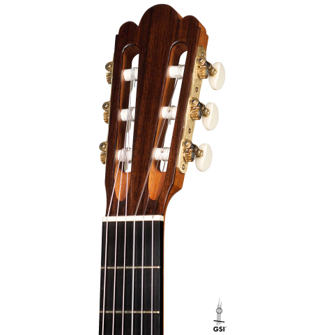 The headstock and tuners of a 2012 Gabriele Lodi "Enrique Garcia" classical guitar made with spruce and Indian rosewood