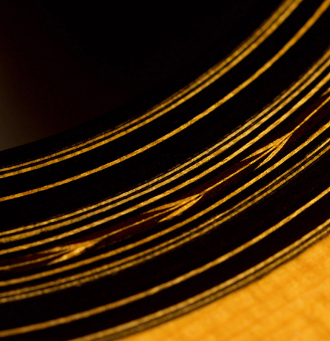 A close-up of the rosette of a 2012 Gabriele Lodi &quot;Enrique Garcia&quot; classical guitar made with spruce and Indian rosewood