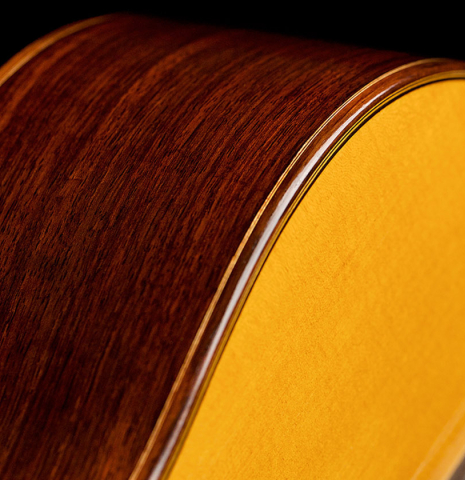 The soundboard and front of a 2012 Gabriele Lodi "Enrique Garcia" classical guitar made with spruce and Indian rosewood