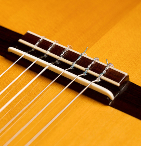 The bridge and saddle of a 2012 Gabriele Lodi "Enrique Garcia" classical guitar made with spruce and Indian rosewood