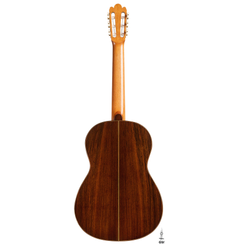 The back of a 2012 Gabriele Lodi "Enrique Garcia" classical guitar made with spruce and Indian rosewood