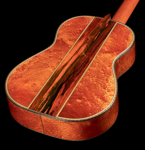 The back of a 2022 Gabriele Lodi &quot;Torres&quot; classical guitar made of spruce and mahogany