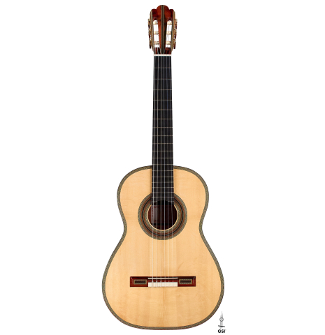 The front of a 2022 Gabriele Lodi &quot;Torres&quot; classical guitar made of spruce and mahogany