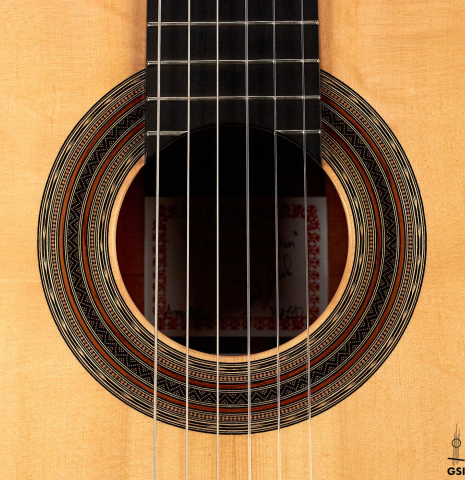 The rosette of a 2022 Gabriele Lodi &quot;Torres&quot; classical guitar made of spruce and mahogany