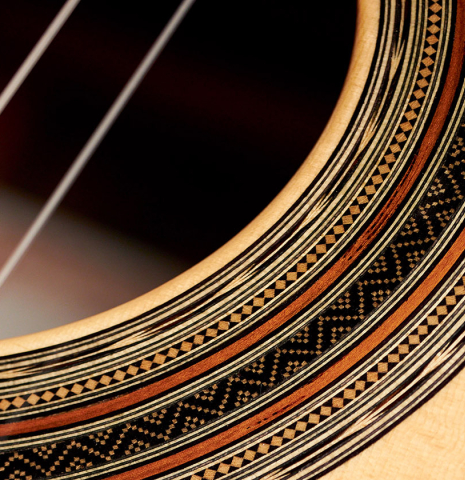 The rosette of a 2022 Gabriele Lodi &quot;Torres&quot; classical guitar made of spruce and mahogany