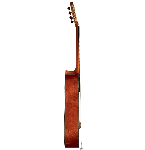 The side of a 2022 Gabriele Lodi &quot;Torres&quot; classical guitar made of spruce and mahogany