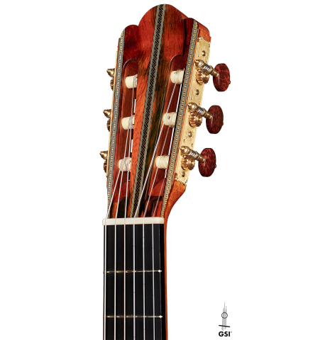 The headstock of a 2022 Gabriele Lodi &quot;Torres&quot; classical guitar made of spruce and mahogany