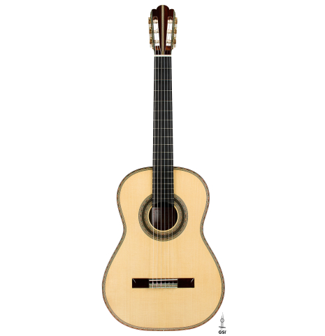 The front of a 2025 Gabriele Lodi "Torres" classical guitar made of spruce and CSA rosewood