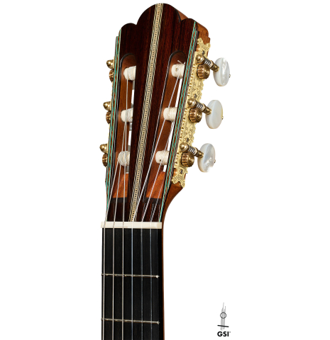 The headstock of a 2025 Gabriele Lodi "Torres" classical guitar made of spruce and CSA rosewood