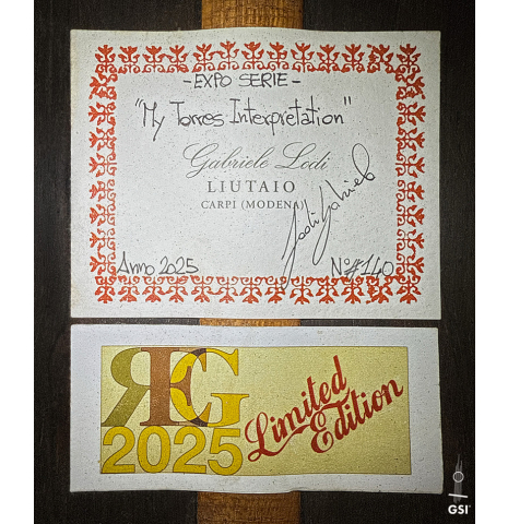 The label of a 2025 Gabriele Lodi "Torres" classical guitar made of spruce and CSA rosewood