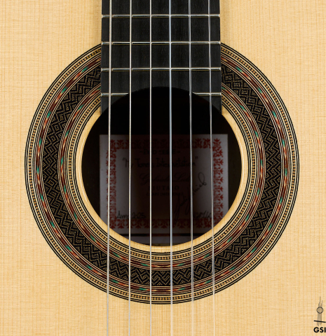 The rosette of a 2025 Gabriele Lodi "Torres" classical guitar made of spruce and CSA rosewood
