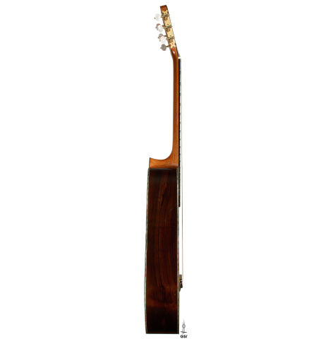 The side of a 2025 Gabriele Lodi "Torres" classical guitar made of spruce and CSA rosewood