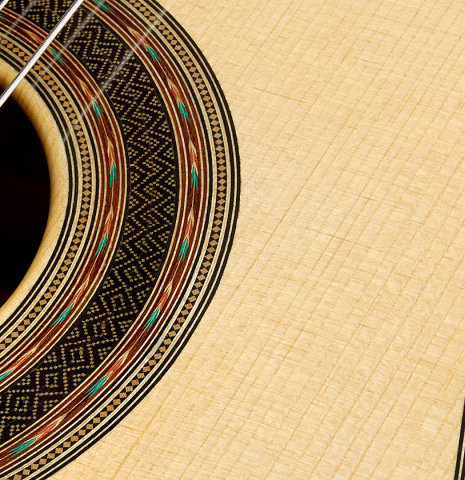 The soundboard and rosette detail of a 2025 Gabriele Lodi "Torres" classical guitar made of spruce and CSA rosewood
