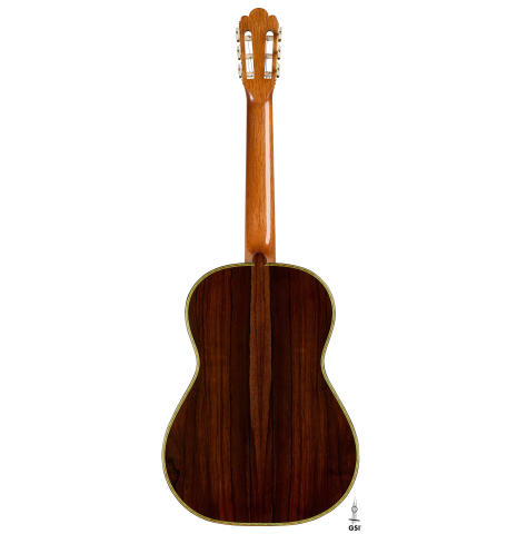 The back of a 2020 Gabriele Lodi "Torres" classical guitar made of spruce and CSA rosewood