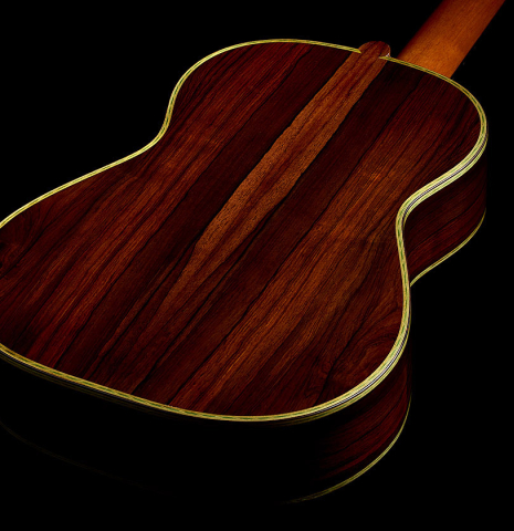The back and sides of a 2020 Gabriele Lodi "Torres" classical guitar made of spruce and CSA rosewood