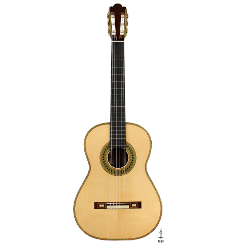 The front of a 2020 Gabriele Lodi "Torres" classical guitar made of spruce and CSA rosewood