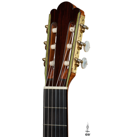 The headstock of a 2020 Gabriele Lodi "Torres" classical guitar made of spruce and CSA rosewood