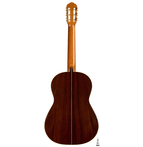 The back of a 2019 Gabriele Lodi "Esteso" classical guitar made of spruce and Indian rosewood