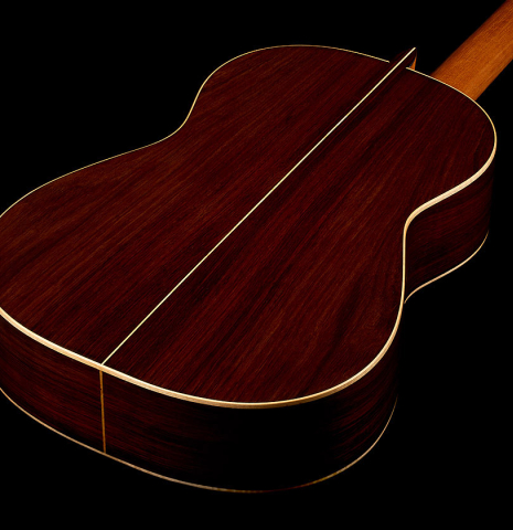The back and sides of a 2019 Gabriele Lodi "Esteso" classical guitar made of spruce and Indian rosewood