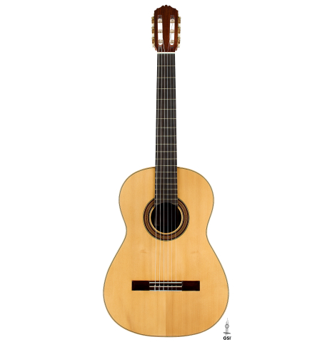 The front of a 2019 Gabriele Lodi "Esteso" classical guitar made of spruce and Indian rosewood