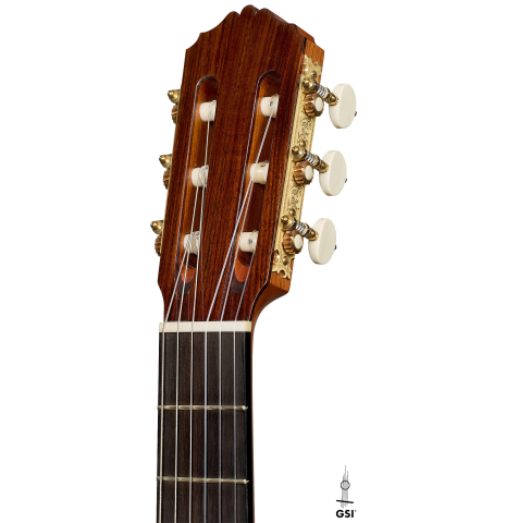 The headstock of a 2019 Gabriele Lodi "Esteso" classical guitar made of spruce and Indian rosewood